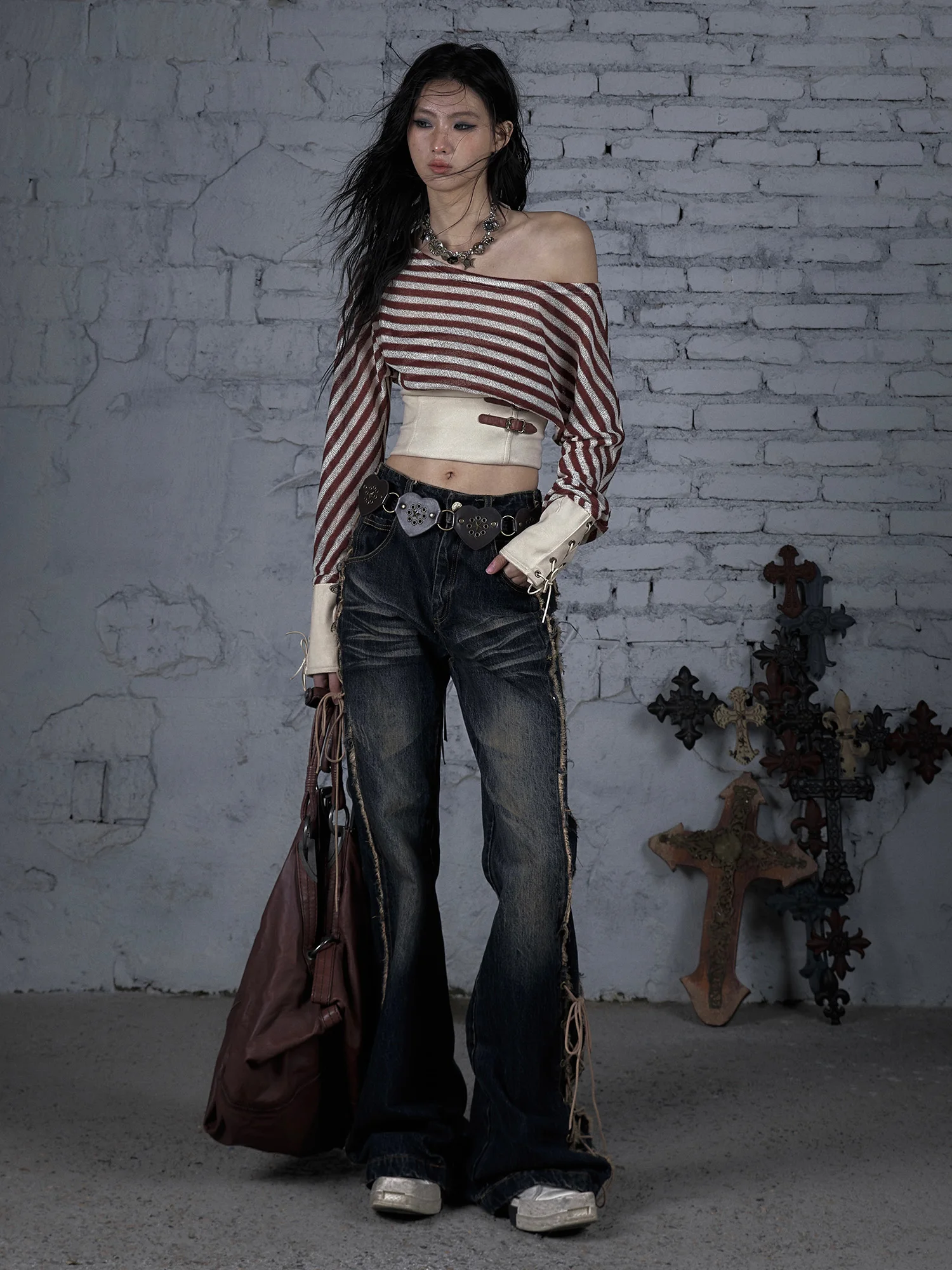 NO ROMANCE оригинальный дизайн винтажный панк-петчворк полосатый пояс с разрезом на