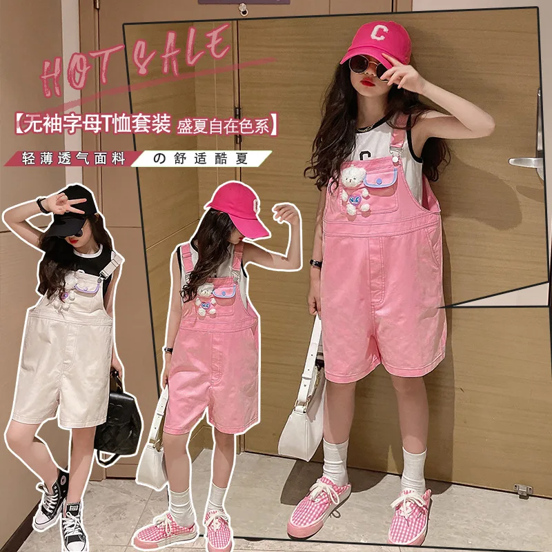 

Children overalls two-piece sleeveless vest + suspender skirt girls' Korean loose cartoon 2PCS 8 years old small fellow clothes