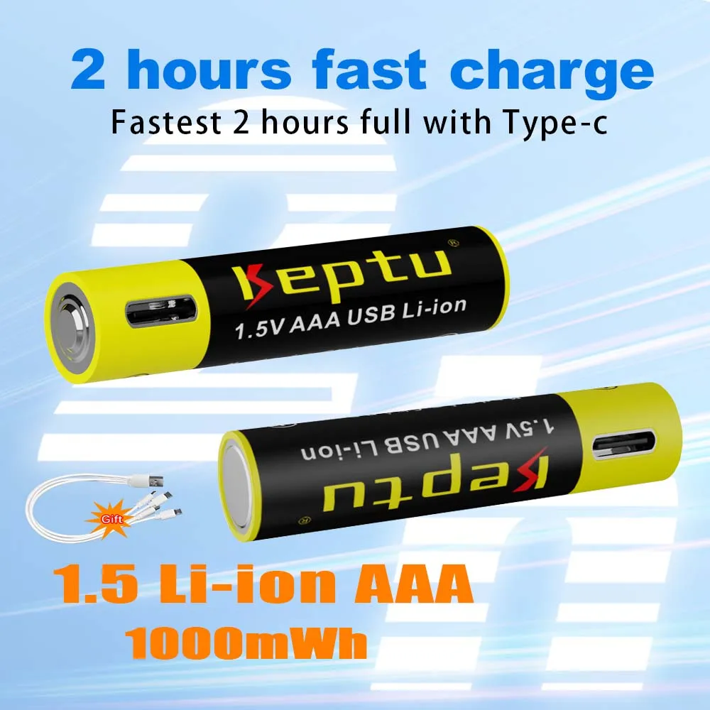 

1.5V AAA li ion Rechargeable Batteries Type-C Charging AAA 1000mWh 1.5V Lithium aaa batteries for Remote control,Wireless mouse