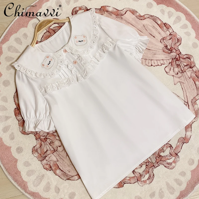 Японская хлопковая рубашка с вышивкой медведя для девочек кукольный воротник