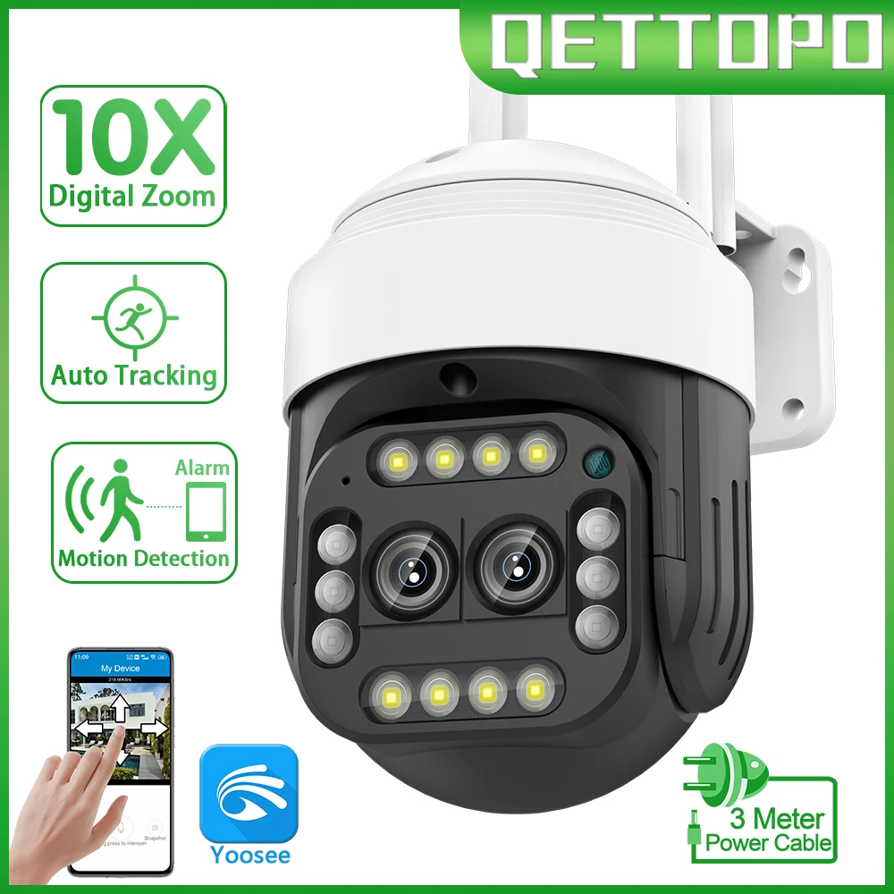 Qettopo 4K 8MP Outdoor Wifi Dual Lens Camera 10X Zoom PTZ Wireless Camera AI Auto Tracking CCTV Surveillance IP Camera Yoosee