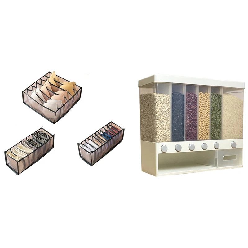 

10KG Wall Mounted Divided Rice And Cereal Dispenser With 3Pcs Underwear Bra Socks Panty Storage Boxes Grey