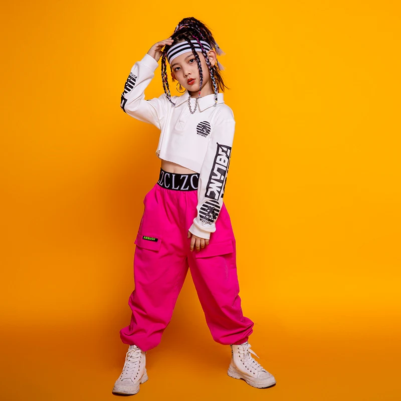 

2022 Jazz Dance Costume Crop Tops Rose Pink Pants For Girls Kids Hip Hop Clothing Modern Catwalk Street Wear Performance Suit
