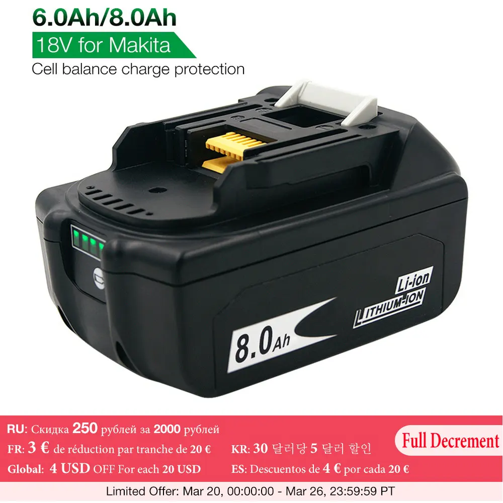 

Newest Version BL1860 BL1880 18V 6000mAh 8000mAh Li-ion Cordless Power Tool Rechargeable Battery for Makita BL1830 BL1840 BL1850