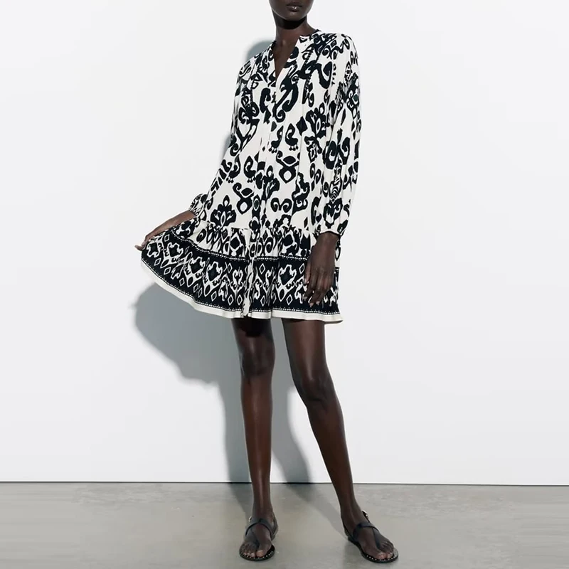 

Dress Woman Long Sleeve Short Dresses For Women 2023 Print Mini Ruffle Dress Women's Elegant Party Dresses