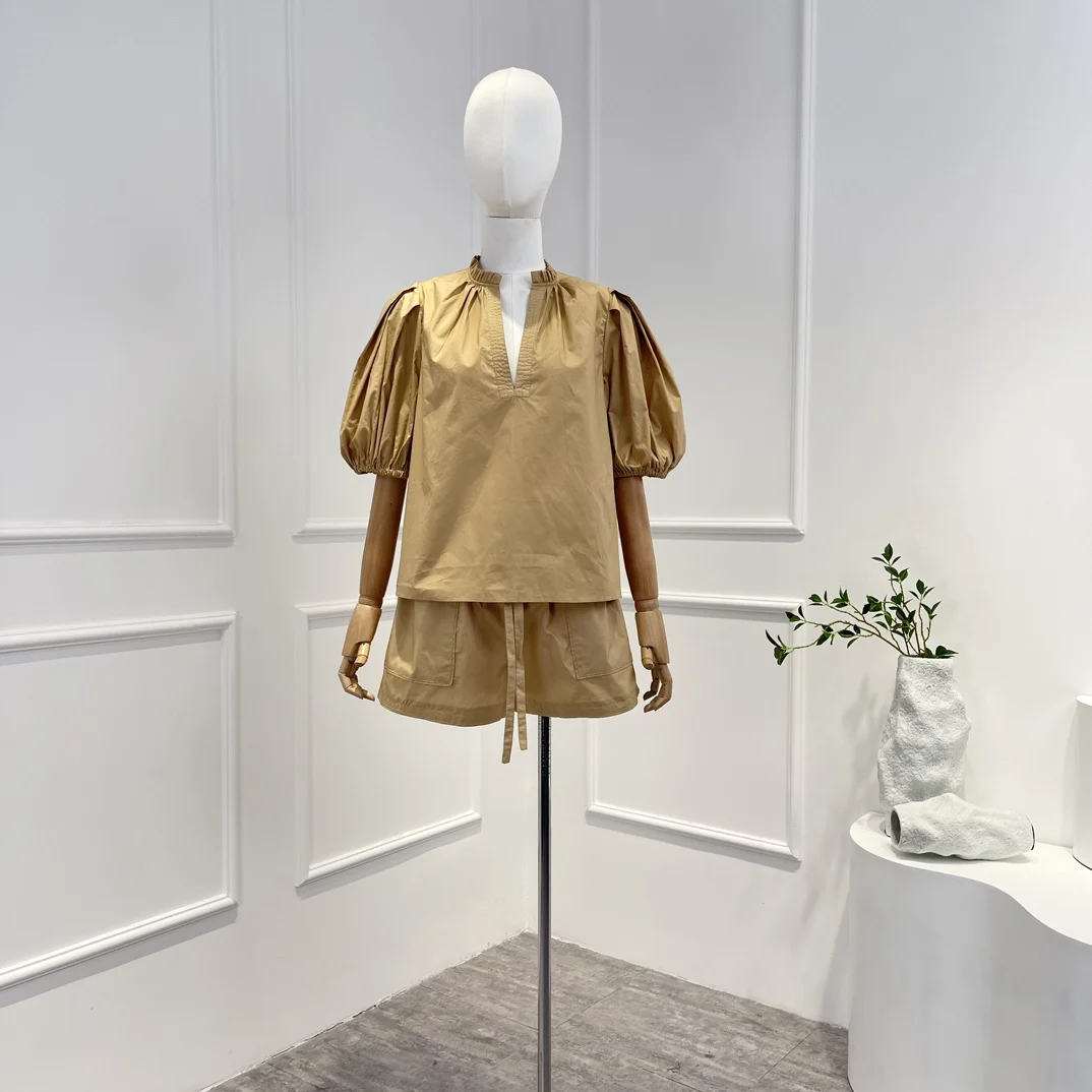 

2023 Top Quality Women Khaki Puff Sleeve Blouse and Shorts Set