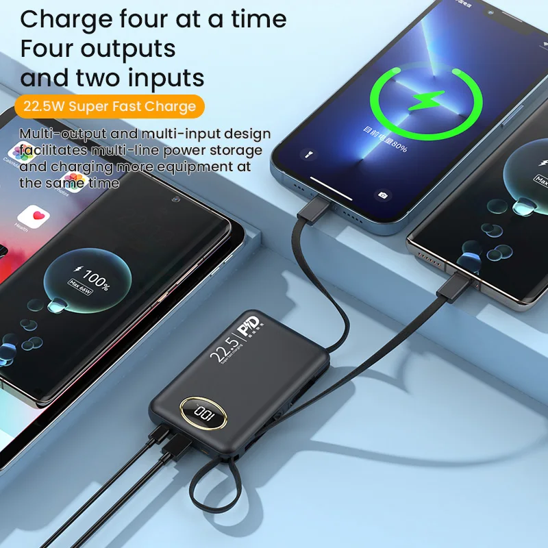 Портативный внешний аккумулятор большой емкости 20000 мАч с кабелем USB C 22 5 Вт