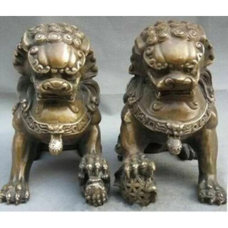 

Старые антикварные Львы Fengshui Бронзовая статуя Fu Foo собак Лев Пара ~ желаю богатства