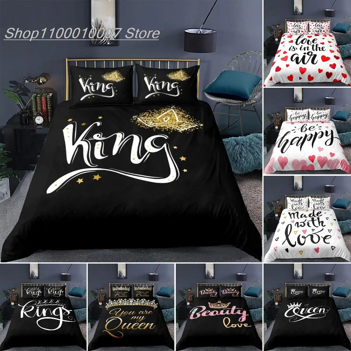 

Couple Duvet Cover Set Black White Crown Love Comforter Cover Queen and King Bedding Sets for Boy Girl Queen/King/Full/Twin Size