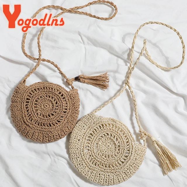 Yogodlns round soft paper rope shoulder bag tassel summer beach handmade crossbody bags women hollow straw bag circle rattan bag