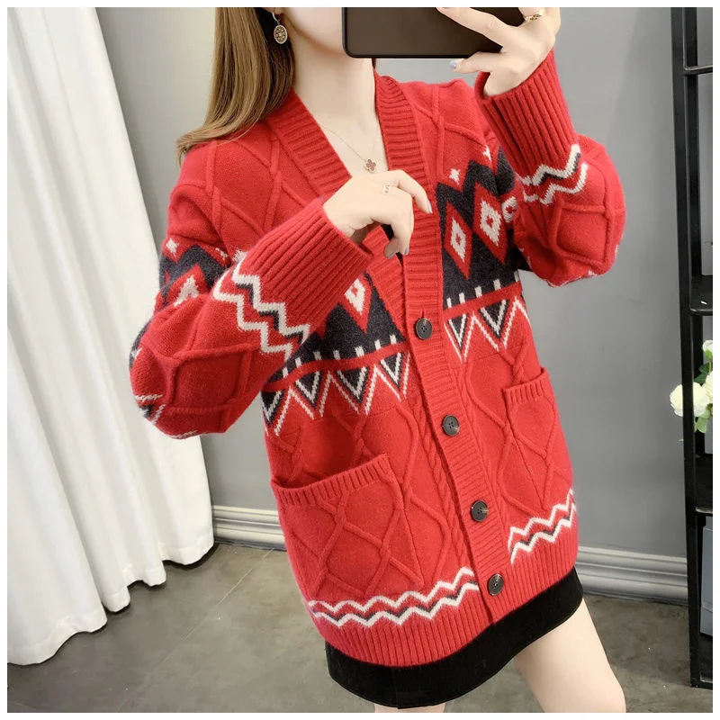 Новинка 2025 года свитер пальто женский свободный весенне-осенний жаккардовый