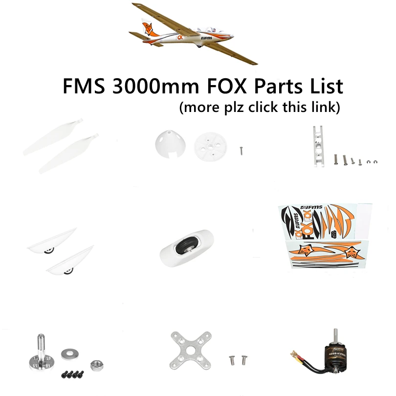 FMS 3000mm 3.0m Fox Glider Parts List Propeller Spinner Motor Shaft Mount Board Landing Gear Wing Wheel RC Airplane Model Plane