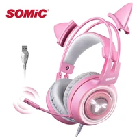 SOMIC Pink Kitten Gaming Headset ASMR Buff Vibration LED Flash Light EGirl Wired Headphone for PS5 PS4 PC Laptop Computer G951