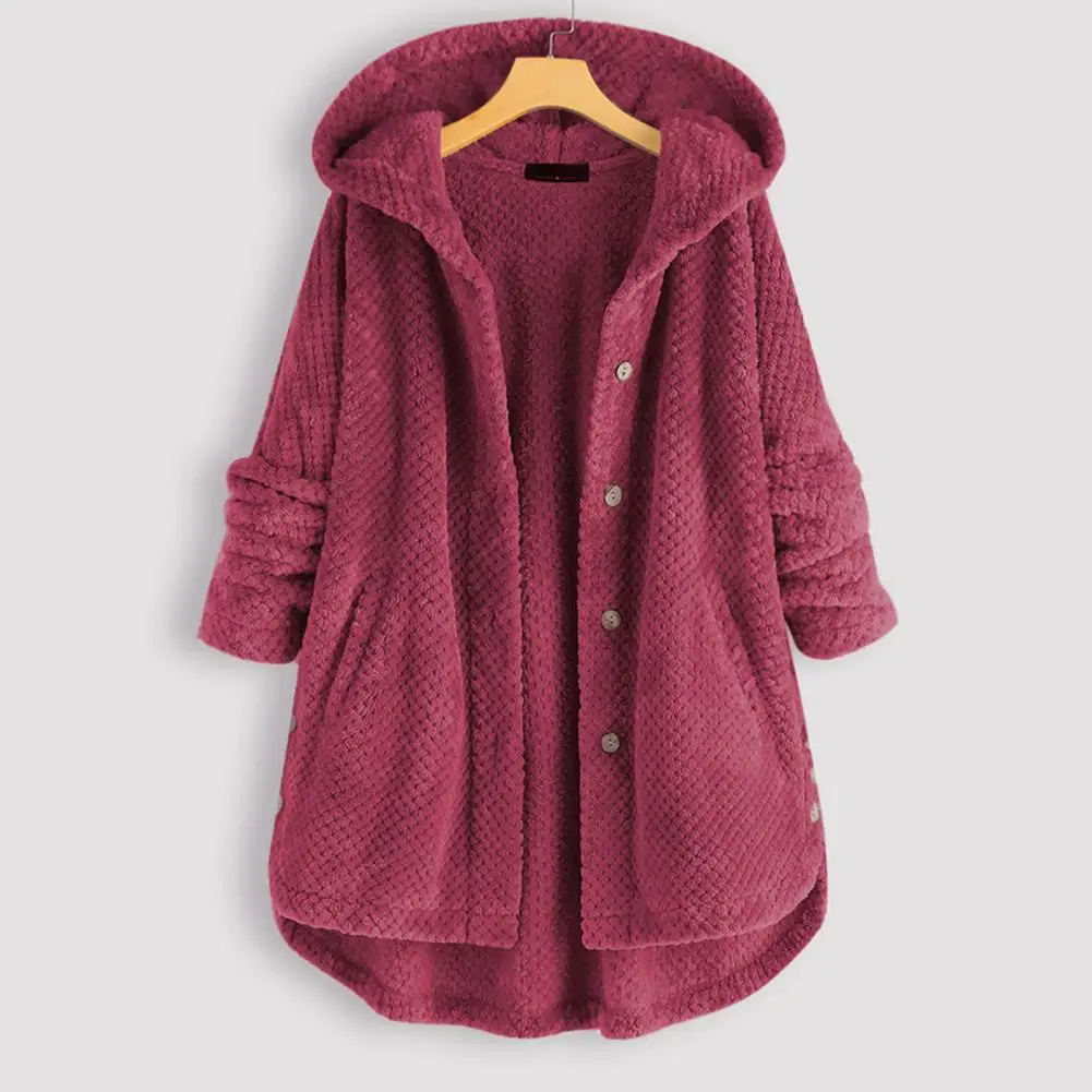 

Women Winter Coat Single-breasted Placket Long Sleeves Hooded Hat Solid Color Thick Double-sided Plush Loose Warm Winter Jacket