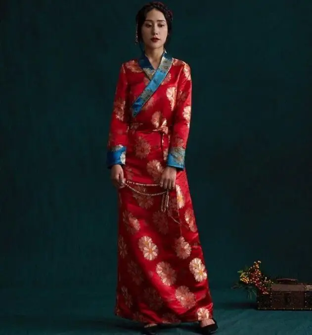 

Chinese Tibetan Traditional Women Clothing Spring Dress Red Robe Bora Wedding