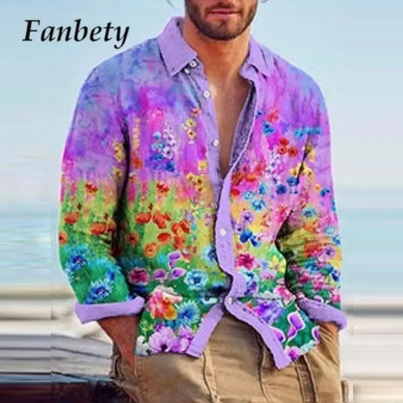 

Hawaiian Men Shirt For Spring Casual 3D Floral Print Long Sleeve Beach Top Holiday Lapel Single-breasted Cardigan Men's Clothing
