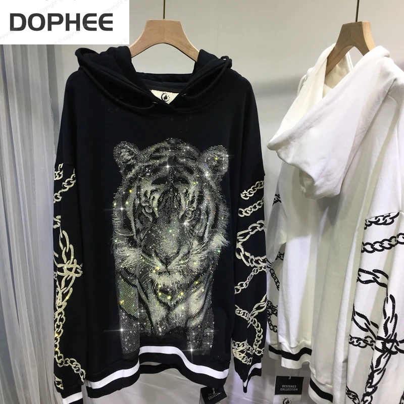 2022 New Autumn Women Clothes Long-sleeved Hooded Top Hot Drilling Tiger Iron Chain Loose Pullovers Sweatshirt Cotton Hoodies