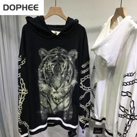2022 new autumn women clothes long sleeved hooded top hot drilling tiger iron chain loose pullovers sweatshirt cotton hoodies