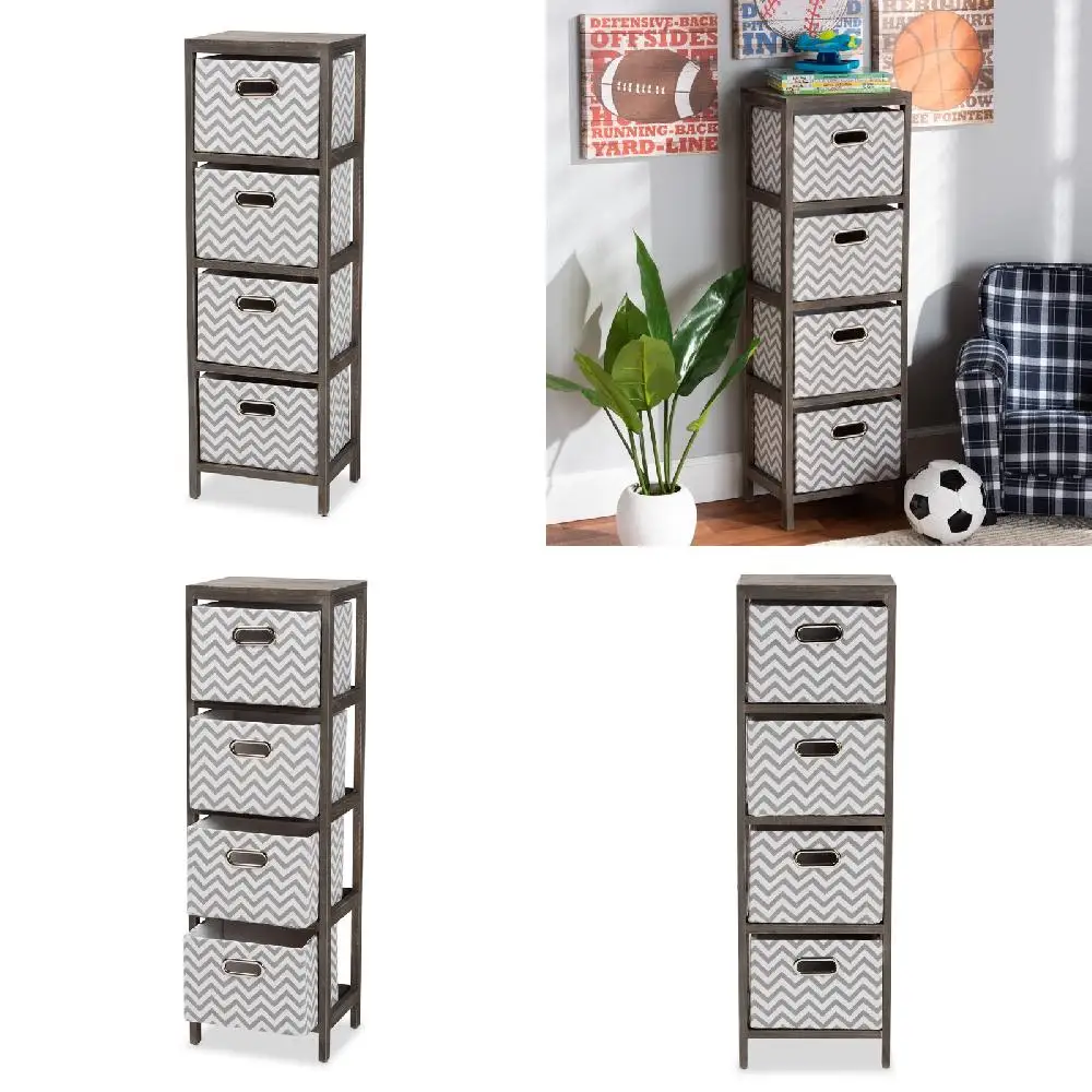 

Gorgeous Greywashed Wood 4-Basket Tallboy Storage Unit Upholstered in White and Modern Grey Fabric, Ideal for Home and Office Sp