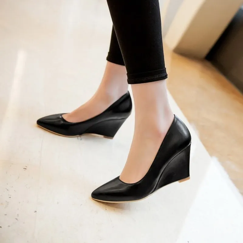 

Wedges Shoes Fashion Women Pointed Toe High Heel Pumps Slip-on Solid Color Platform Wedged Office Ladies Career Shoes