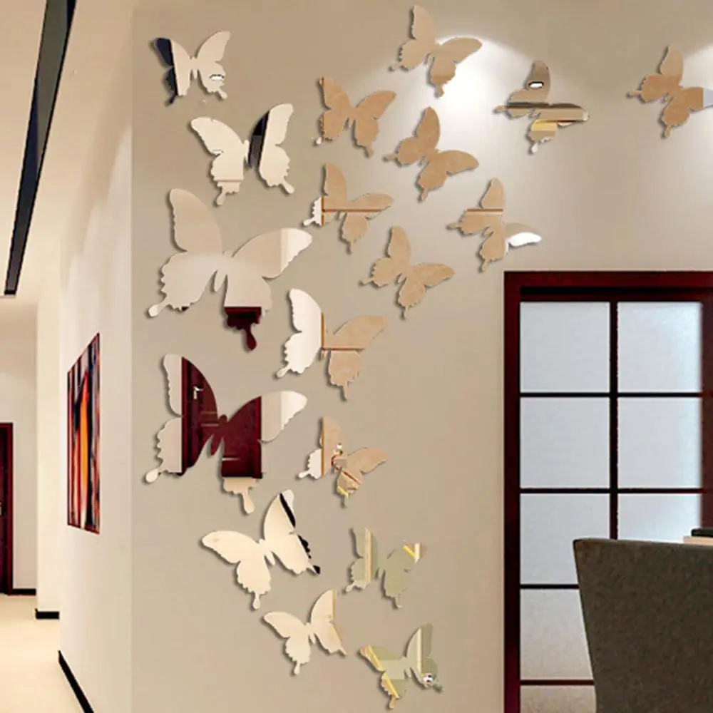 

12Pcs Mirror Wall Stickers 3D Effect Butterflies Wall Decal Art Party Decoration Wedding DIY Home Decors Stickers