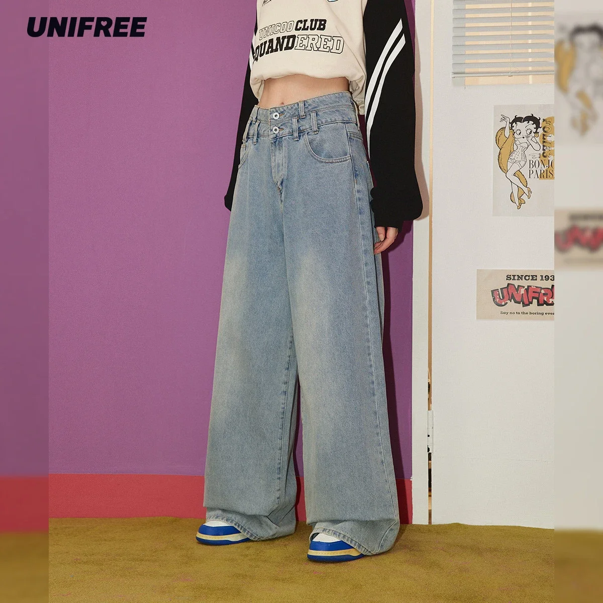 

UNIFREE Retro Loose Jeans for Women Fashion Loose Y2k Washed for Distressing Wide-legged Straight Leg Pants Streetwear Jeans