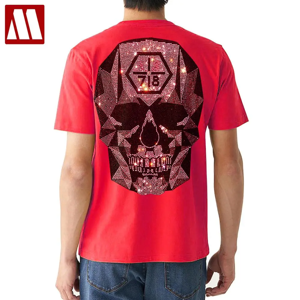 

2022 Summer Men's Design Black Skull Rhinestones T shirts For Men 100% Cotton 14 Colors Diamond Print Tees Streetwear Cool Tops