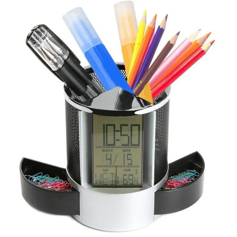 Office Kids Pen Holder LCD Alarm Clock Time Temperature Display Calendar Pen Pencil Holder Desk Organizer