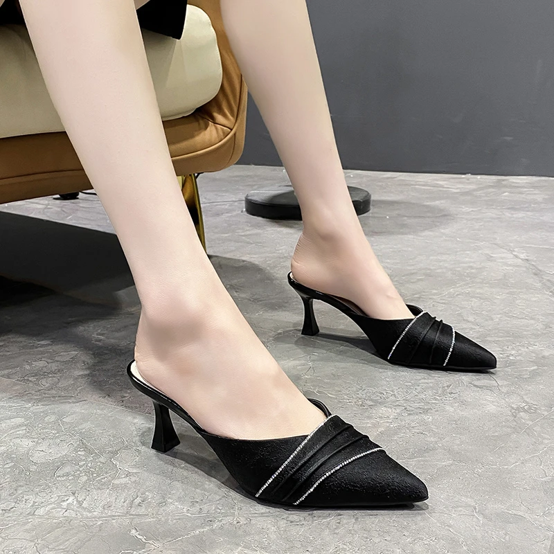 

Outerwear baotou slippers 2022 new super hot half slippers pointed heel temperament small heel shoes