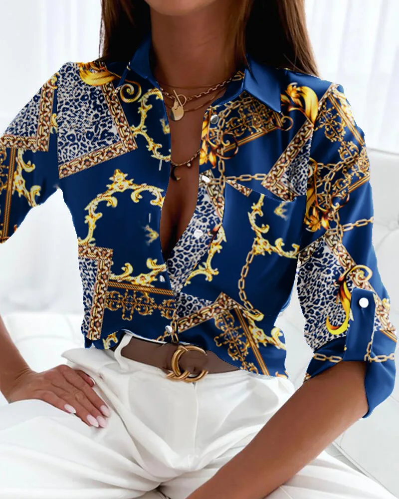 

2022 Women Blouse V-neck Long Sleeve Chains Print Casual Office Shirts Womens Tops And Blouses