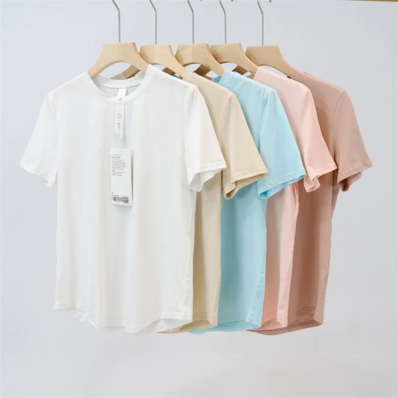 

SSolid Color Soft Luluwomen Sports Short Sleeve Fitness Yoga T- Shirt Top Loose Round Neck Pure Cotton Quick-Drying Casual