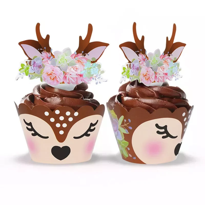 

NEW2022 24/48pcs Elk Cupcake Wrapper Cake Topper Merry Christmas New Year Cake Decoration Tools Kids Birthday Party Baby Shower