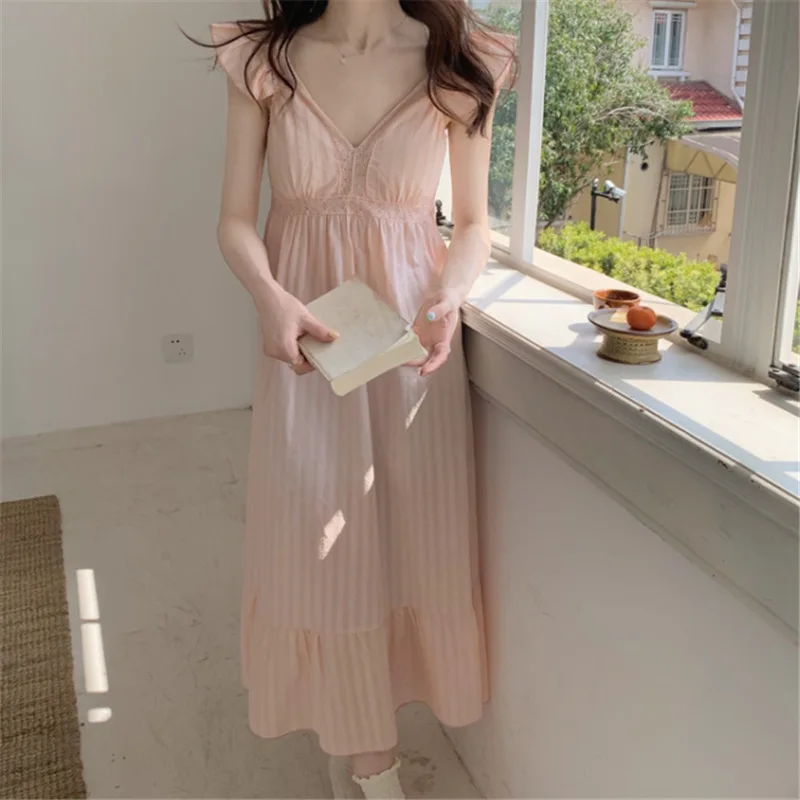New Korean Sleepwear Sweet Princess Style Halter Pajamas Women Summer Cotton Sleeveless V-neck Pajamas Home Wear Long Dress