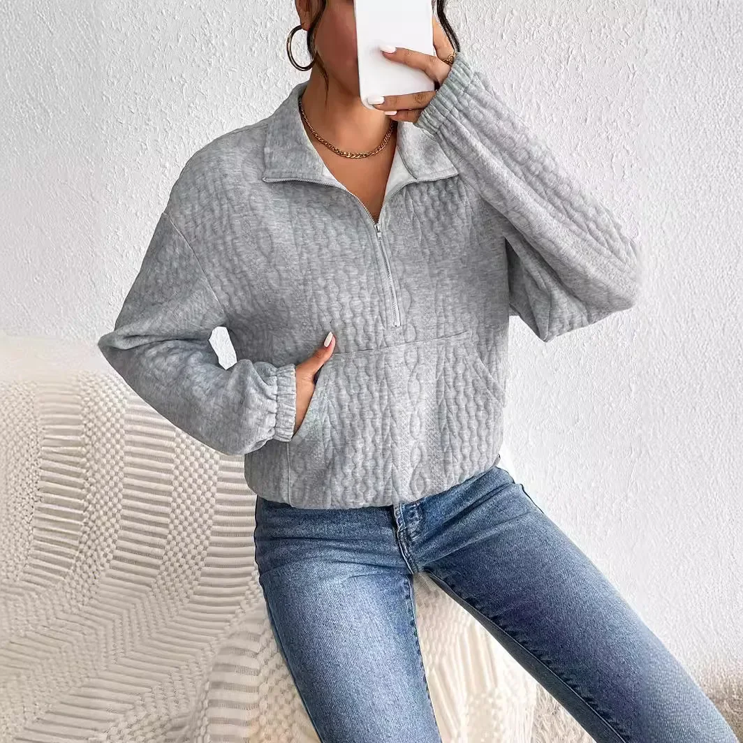 Женский Повседневный однотонный топ на молнии с длинным рукавом осень