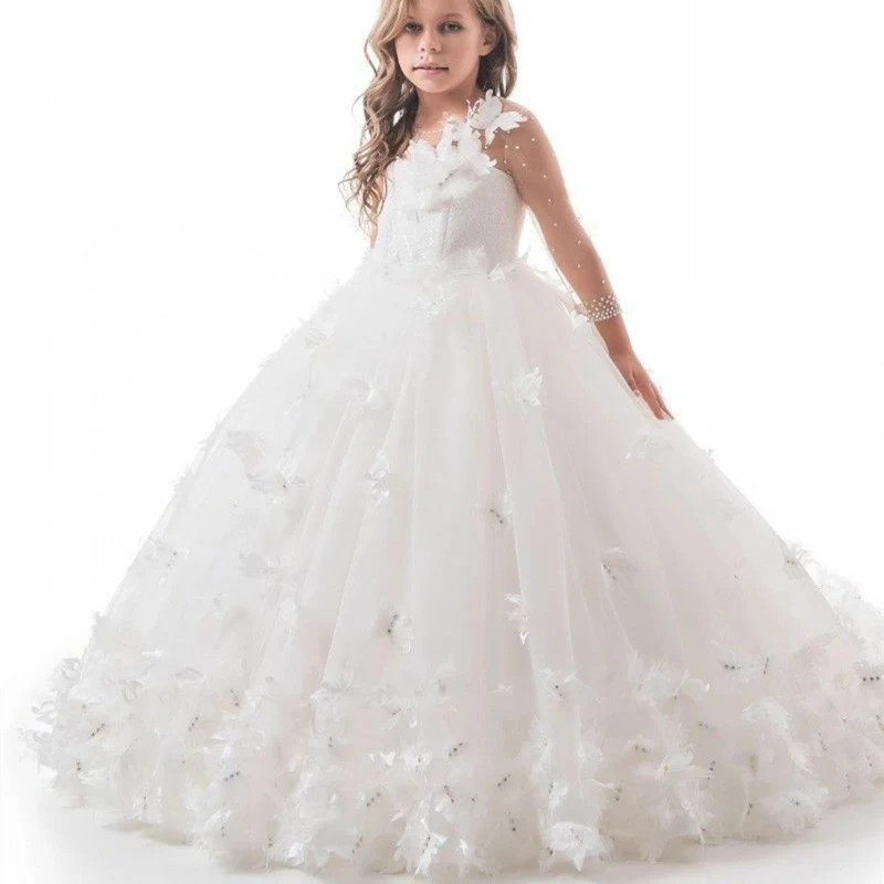 

Gorgeous Flower Girl Dress White Lace Applique Beadwork Long Sleeve Elegant birthday party Girls Pageant Holy Communion Dresses