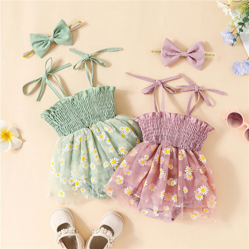 

Baby Girls Sling Strap Romper Set, Pleated Flower Print Tulle Patchwork A-line Dress with Bowknot Headband 0-18Months