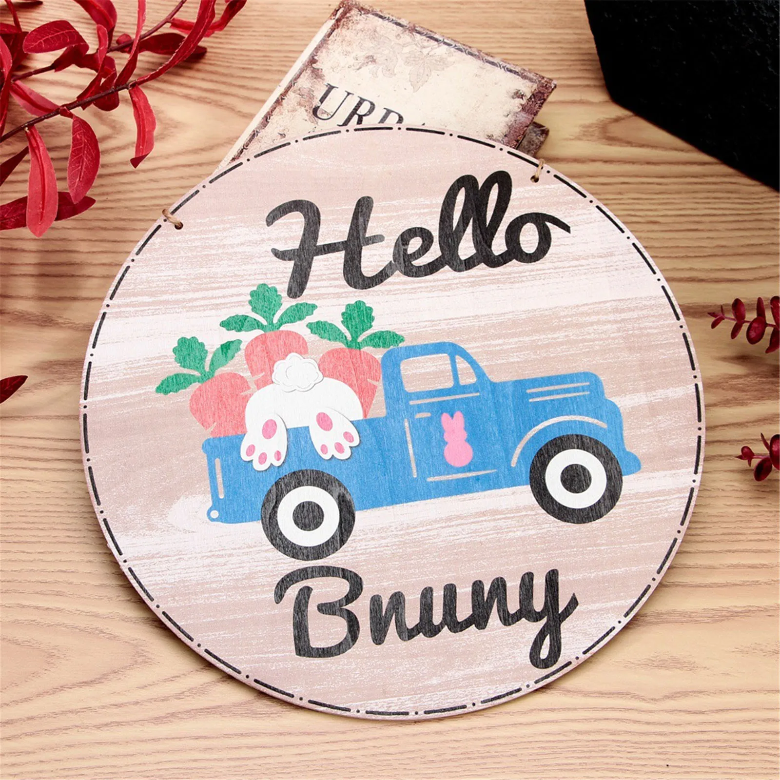 

New Fashion Design Wooden Easter Round Car Decoration Door Plate Pendant Hanging Plate Decoration Accessories
