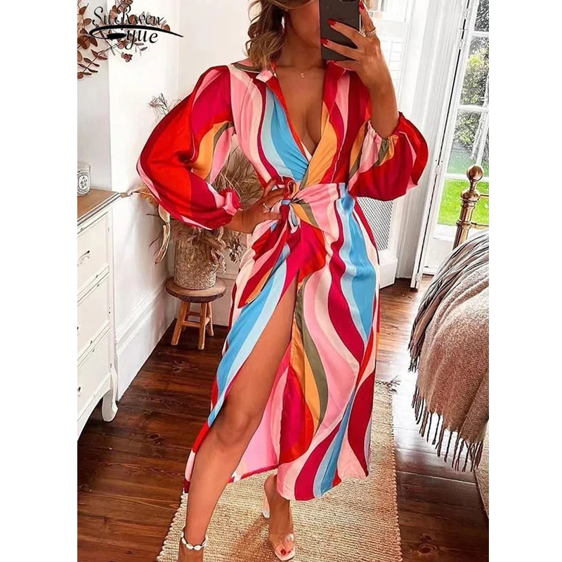 

Женское пляжное платье с цветочным принтом, Повседневное платье средней длины в полоску с богемным принтом, модель 2022 на осень и весну, 21382