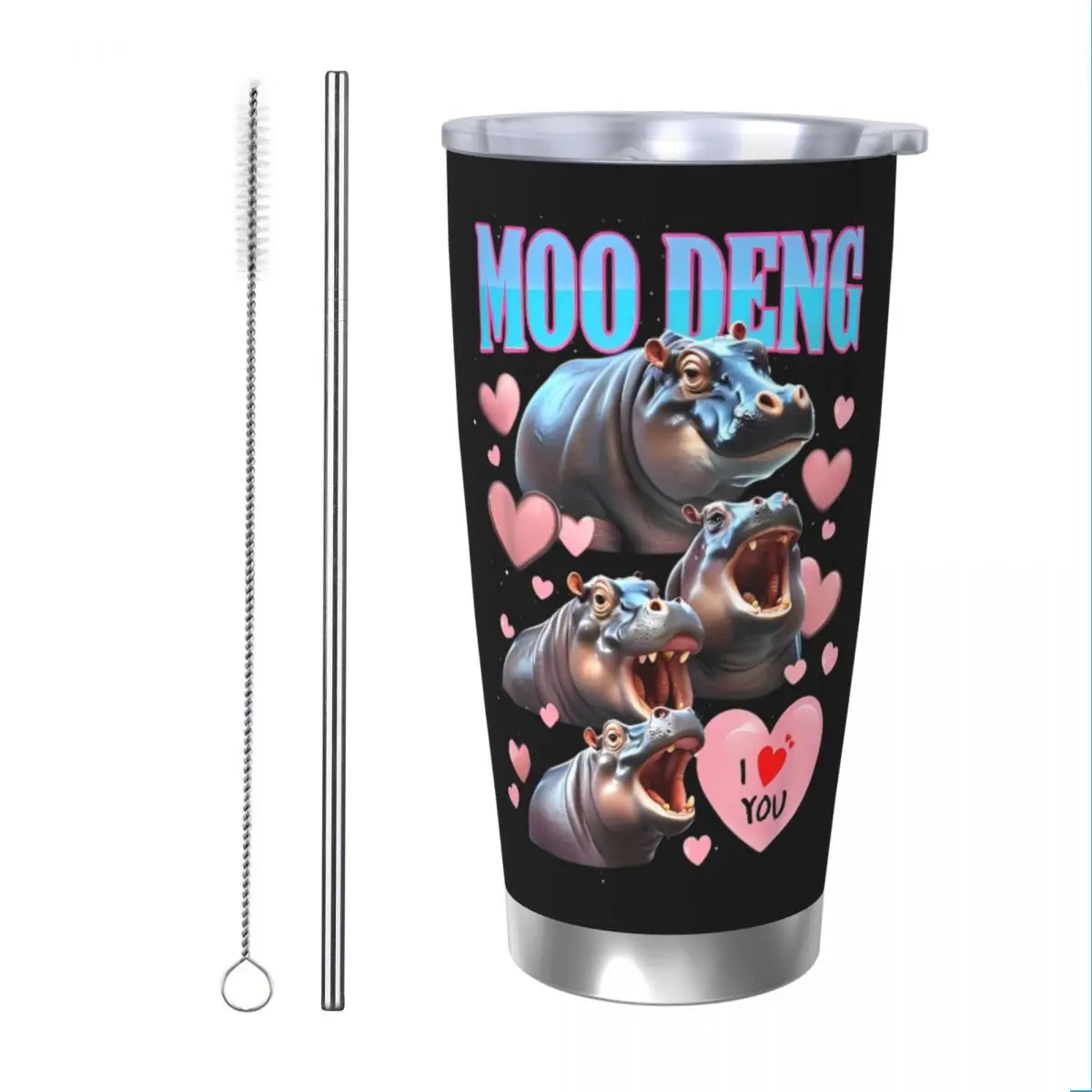 Забавная Изолированная Термокружка Moo Deng I Love You с соломинкой из нержавеющей стали