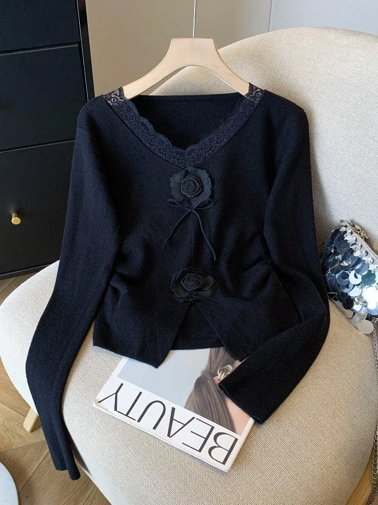 Французская кружевная вязаная футболка с v-образным вырезом в стиле пэчворк