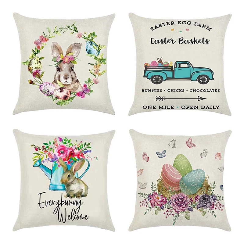 

LBER 4 Pack Easter Decorations Pillow Covers 18X18 Inch For Bunny Rabbit Home Decor Throw Pillows Cover