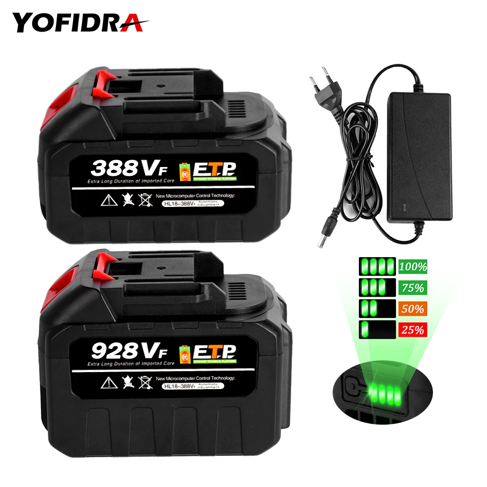 

20V Rechargeable Lithium Battery EU Plug.388VF 15000mAh.928VF 22500mAh.Battery Capacity Indicator.for Chainsaw Electric Drill