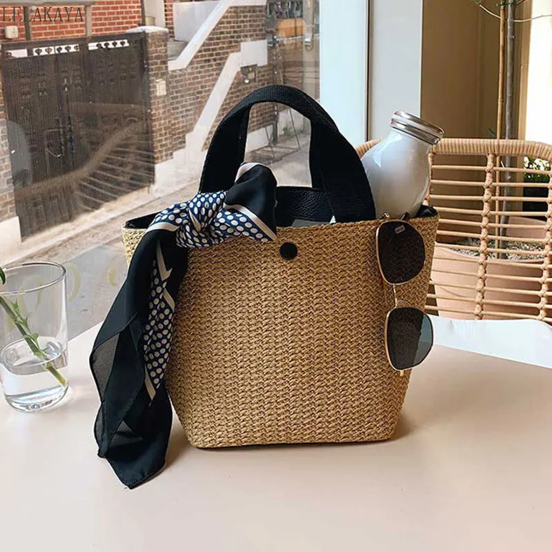 

Fashion Women Straw Handbags Bohemian Vacation Beach Bags Hand-Woven Basket Casual Summer Tote Bags Black Beige Bolsa Feminina