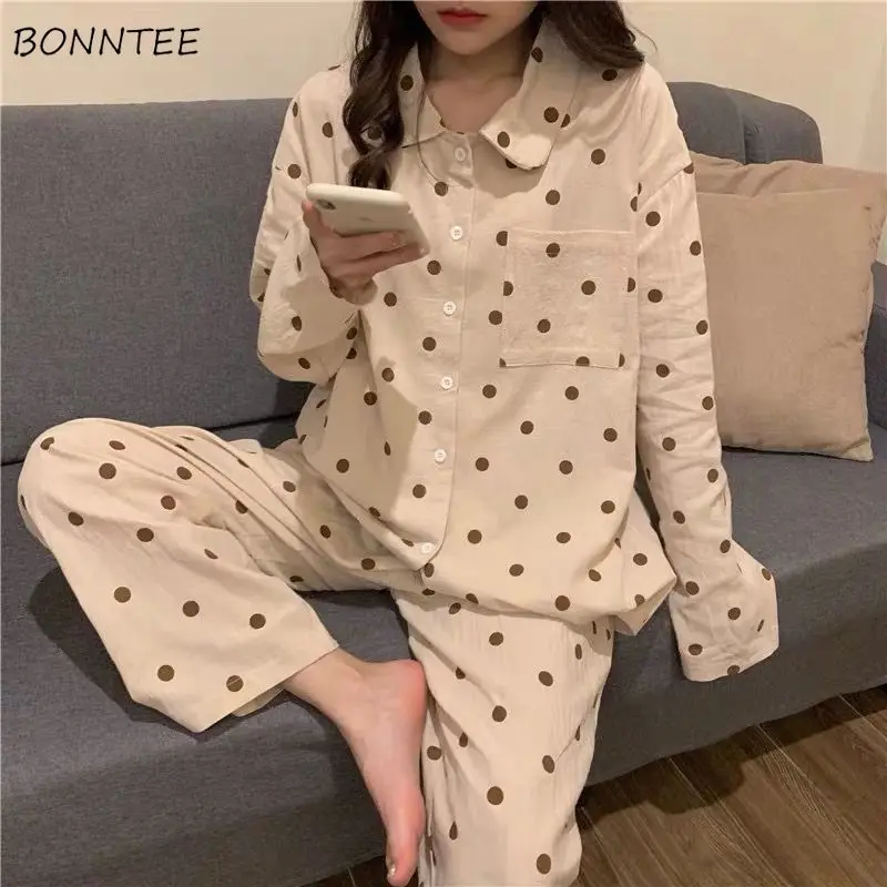 

Pajama Sets Women Outfits Lounge Wear Kawaii Pajamas Nighty Polka Dot Soft Fashion Sweet Simple Spring Pockets Button Lovely Ins