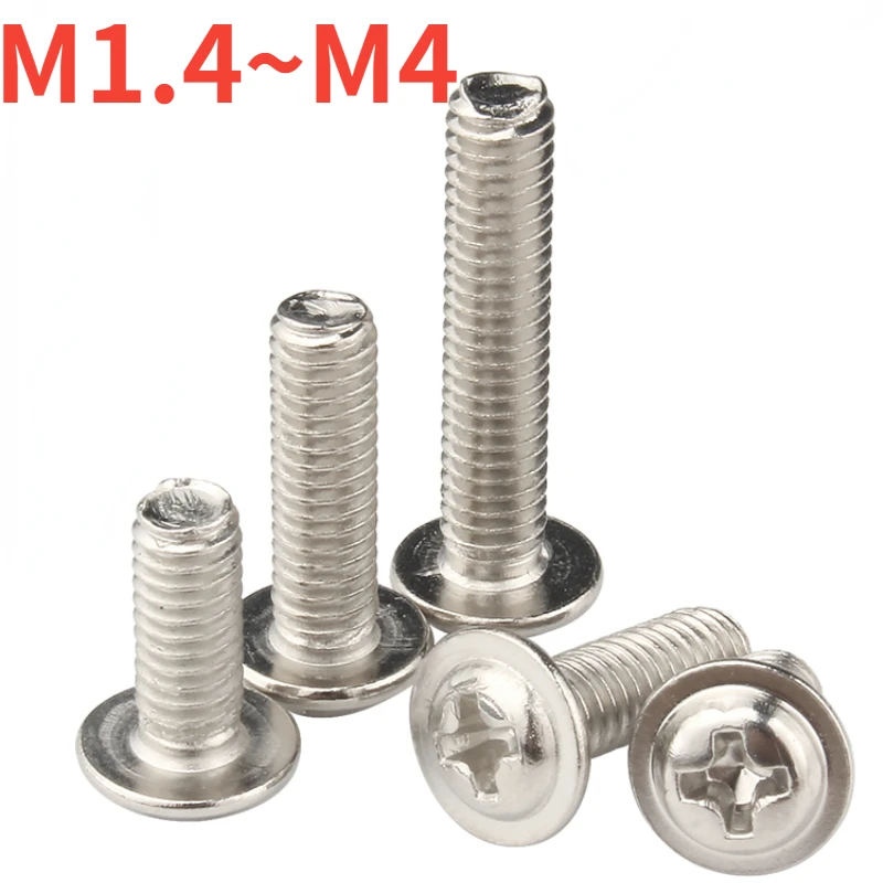 Никелированный винт с поперечной головкой M1.4, M1.7, M2.5, M3, M3.5, M4 с железной прокладкой, компьютерное шасси, Маленький Винт с цилиндрической головкой, винт с прокладкой