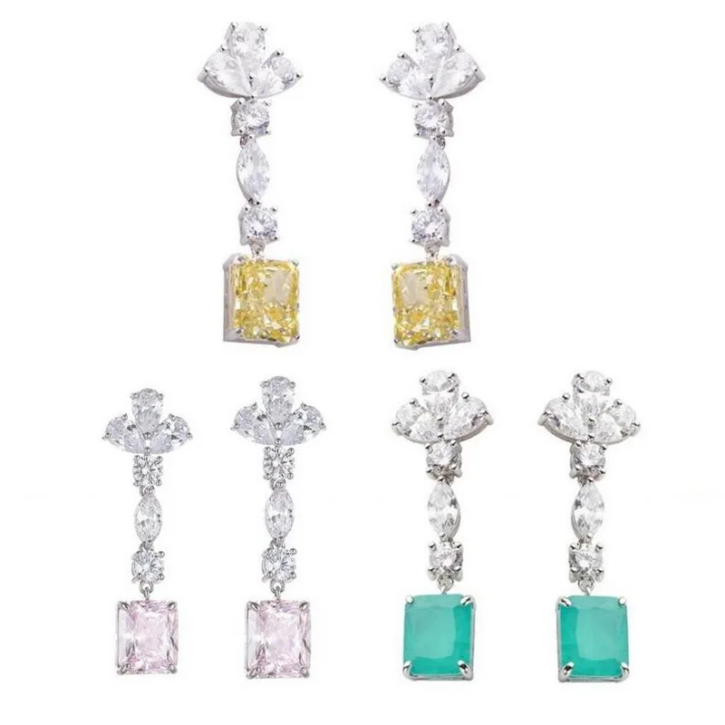 

Europe America High-end Jewellery Women Lady Inlay Square Yellow Pink Green Cubic Zircon Tassels 925 Silver Needle Earrings