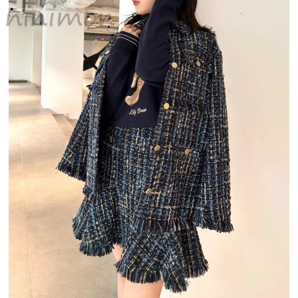 

Твидовая мини-юбка-Русалка NINIMON на пуговицах, однотонный тонкий приталенный костюм, короткая мини-юбка, маленький аромат