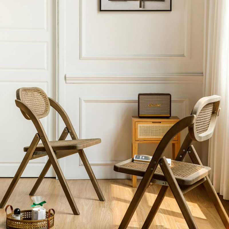 Vintage Distressed Folding Rattan Chair Modern Home Balcony Casual Backrest Dining Chair Nordic Chair