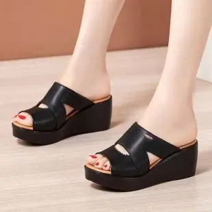 

Wedge Heel Flat Women's Sandals; Summer New Thick Sole Fish Mouth Women's Outer Wear Medium Heel Large Size 40 Women's Slippers