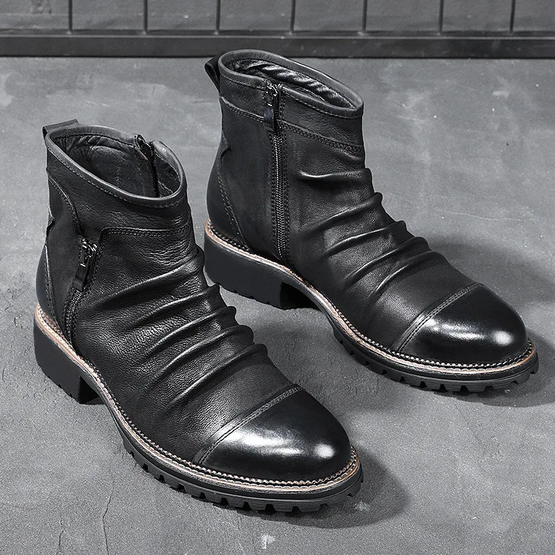 

Pop Spring Autumn British Men's Boots Non Slip Luxury Simple Zipper Boots Retro Waterproof Massage Cozy High Top Martin Boots